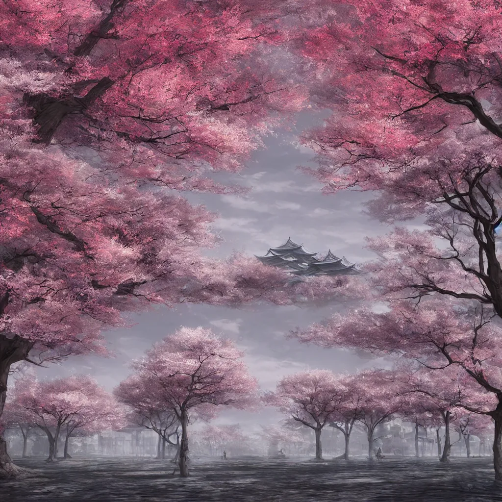 Image similar to old empty samurai city surrounded by sakura trees, matte painting, digital art, artistation