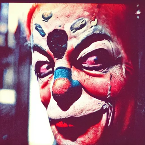 Prompt: dystopian grunge disposable camera photo of a sad clown | horror | nightmare