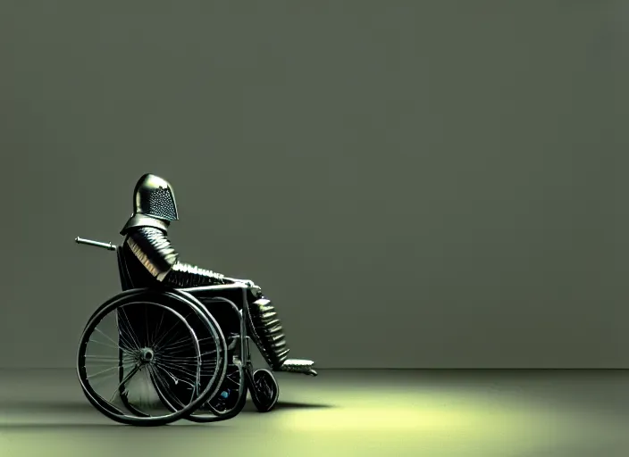 Image similar to knight in armor in a wheelchair do tricks, minsk, highly detailed, soft lighting, elegant, works by edward hopper and james gillard, zdislaw beksinski, stephen outram, andreas m wiese, highly detailed, masterpiece. rendered in blender, smooth shadows, ultra detail, high resolution, unreal 6, 8 k