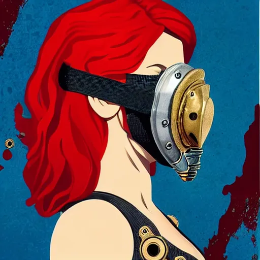 Image similar to portrait of red head woman with a diver mask :: side profile :: in ocean :: guns and bullets :: metallic clockwork details :: gold and petals pattern :: blood and horror :: by marvel and Sandra Chevrier