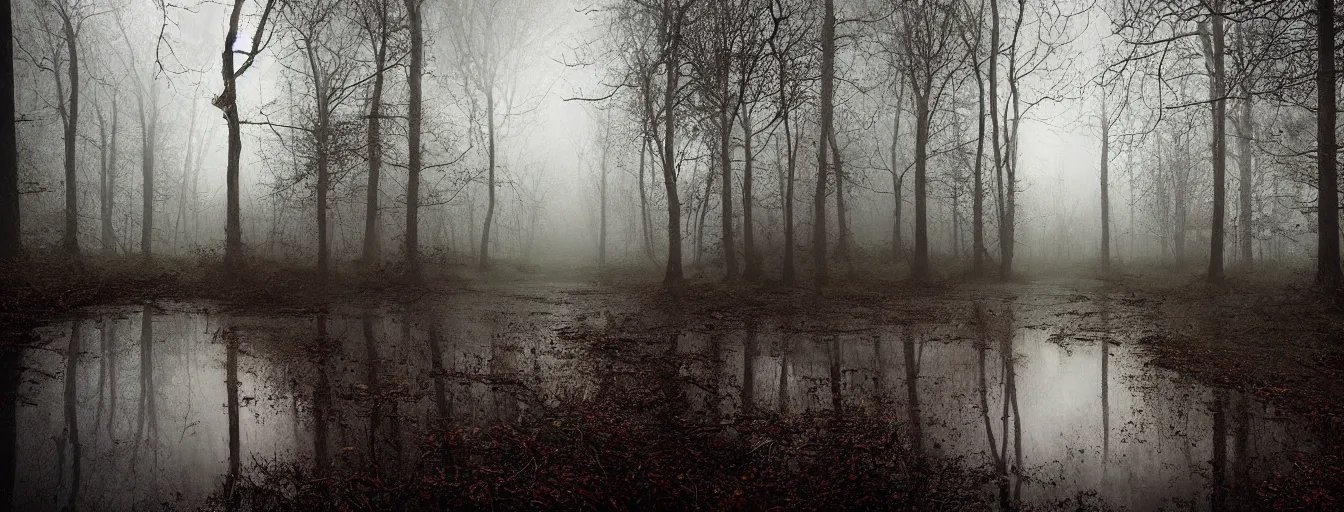 Image similar to portrait of man's terrified face, reflections in his eyes of wet forest, with menacing alien intruder, moonlight, horror atmosphere, postapo, dystopia style, heavy rain, reflections, high detail, horror dramatic moment, motion blur, dense ground fog, dark atmosphere, saturated colors, by darek zabrocki, render in unreal engine - h 7 0 4