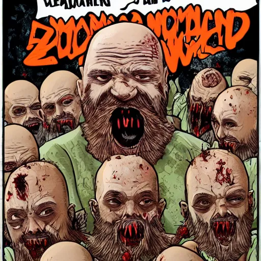 Prompt: bald man with a pointy beard being eaten by a horde of zombies