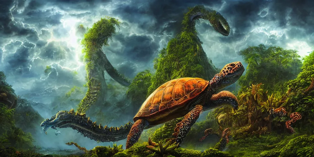 Image similar to fantasy oil painting, great leviathan, turtle cephalopod terrapin reptilian pachyderm amphibian hybrid, rainforest mountains, lush plants flowers, epic natural light, bright clouds, luminous sky, alien spacecraft, outer worlds, bright cinematic key lighting, michael cheval, michael whelan, vray, 8 k hd