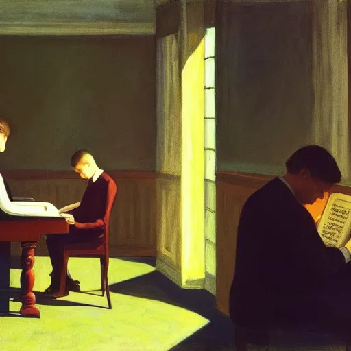 Prompt: a guy playing piano in the library, somber, edward hopper