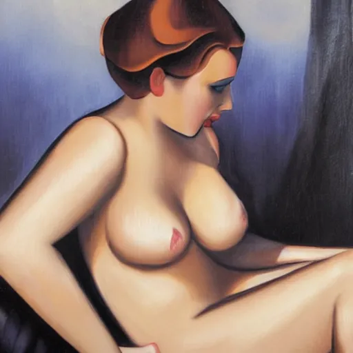 Image similar to painting of Scarlett Johansson bathing, style of Tamara de Lempicka
