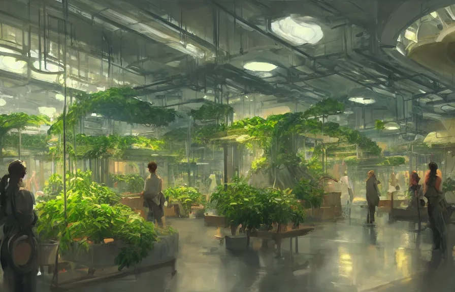 Prompt: greg manchess concept art of a lush indoor hydroponics lab in a far - future utopian city, key visual, ambient lighting, highly detailed, digital painting, artstation, concept art, sharp focus, by makoto shinkai and akihiko yoshida and hidari and wlop