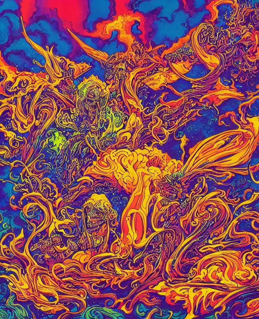 Prompt: a psychedelic ink painting of the devil smoking coleslaw, rainbow melting color scheme, by, greg hildebrandt, lsd trippy 8 k highly detailed ❤🔥 🔥 💀 🤖 🚀