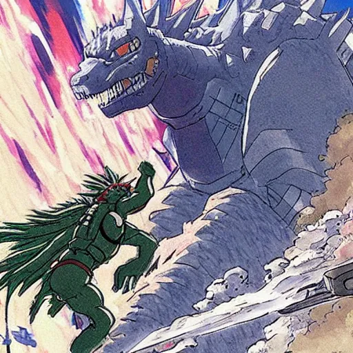 Prompt: godzilla fighting a gundam in kyoto in the style of studio ghibli