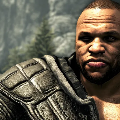 Prompt: character screenshot of ufc commentator daniel cormier dc in skyrim, npc talking, wilderness, 1 0 8 0 p, bokeh, elder scrolls v, detailed, dialog text