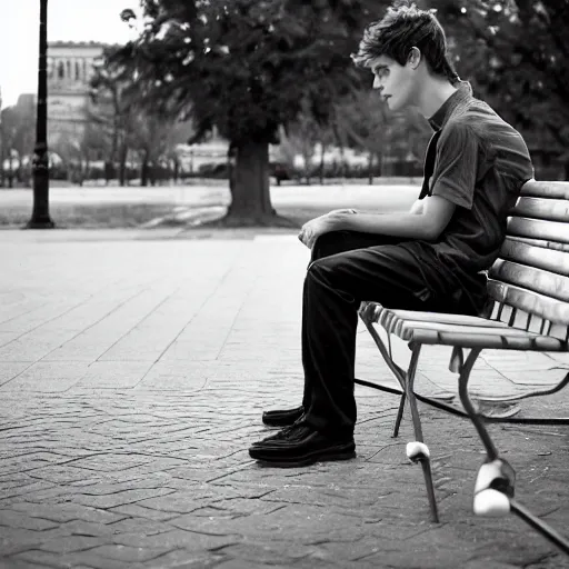 Prompt: photo of sad teenage andrew garfield sitting on a bench in a park, two crutches near bench, wearing shirt and trousers, street of moscow, shallow depth of field, cinematic, 8 0 mm, f 1. 8