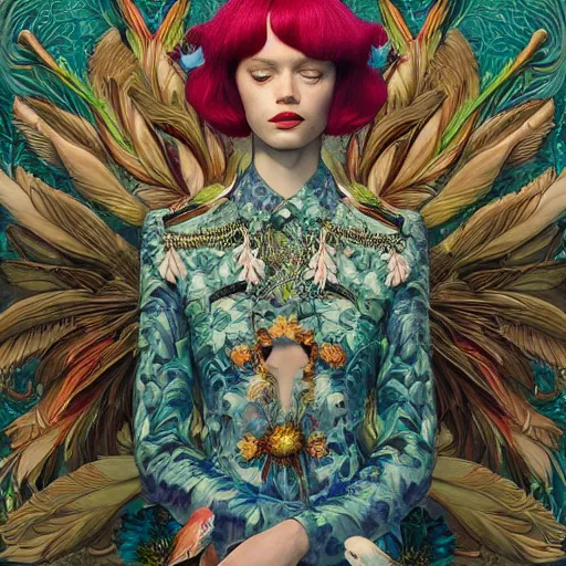 Prompt: pretty model with birds and feathers : : by martine johanna and simon stalenhag and chie yoshii and casey weldon and wlop : : ornate, dynamic, particulate, rich colors, intricate, elegant, highly detailed, vogue, harper's bazaar art, fashion magazine, smooth, sharp focus, 8 k, octane render