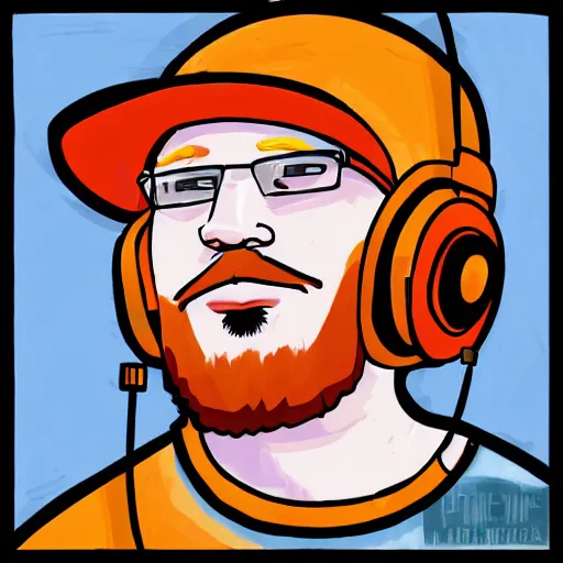 Image similar to middle aged streamer on twitch with black hat, stubble, ginger hair, orange hair, black cap, stubbles, red headphones, in the style of jeremiah ketner, art