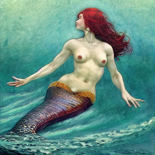 Image similar to beautiful mermaid emerging from the ocean, art by Edgar Maxence and Ross Tran and Michael Whelan
