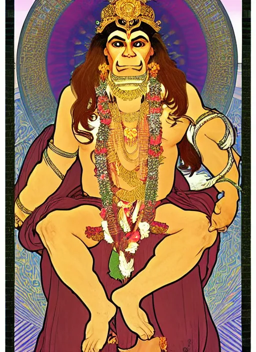 Prompt: a full body portrait of beautiful ornated hanuman!!!! god with flowing medium hair, soft facial features, kind appearence, digital art by alphonse mucha, inspired by krishen khanna and madhvi parekh, symmetrical body, artgerm, portrait, muted color scheme, highly detailed, outrun art style