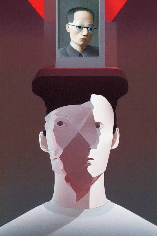 Image similar to North Korean hacker wearing Oculus and digital glitch head Edward Hopper and James Gilleard, Zdzislaw Beksisnski, higly detailed