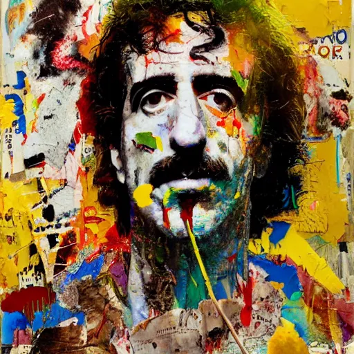 Image similar to hyperrealistic, photorealistic, mixed media oil painting of frank zappa, magazine scraps, plaster, blood, oil, mustard, splatter, greg rutkowski, basquiat, ralph steadman, wesley kimler, terry gilliam, andy warhol, wesley kimler