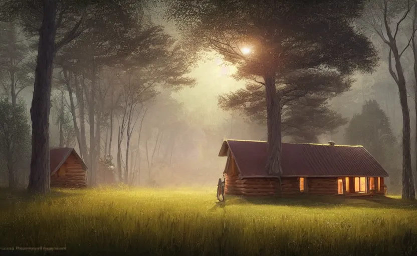 Image similar to a highly detailed epic cinematic concept art CG render digital painting artwork: small family cabin House, modern archetecture, excessove vegetation, foggy, dreamy, golden hour sunset By Greg Rutkowski, in the style of Francis Bacon and Syd Mead and Norman Rockwell and Beksinski, open ceiling, highly detailed, painted by Francis Bacon and Edward Hopper, painted by James Gilleard, surrealism, airbrush, Ilya Kuvshinov, WLOP, Stanley Artgerm, very coherent, triadic color scheme, art by Takato Yamamoto and James Jean