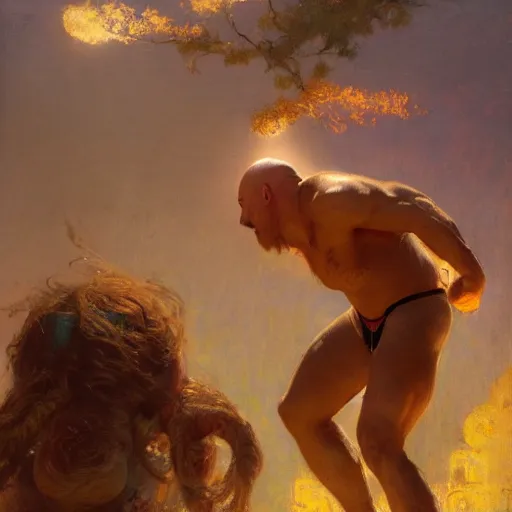 Image similar to bald wrestler breaking blonde wrestler's back, radiant light, caustics, heroic, bright iridescent light, by gaston bussiere, bayard wu, greg rutkowski, maxim verehin, epic wrestling combat, legendary