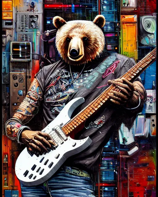 Image similar to a portrait of an anthropomorphic cyberpunk bear shredding an electric guitar by sandra chevrier, by jon foster, detailed render, tape deck, epic composition, cybernetics, 4 k realistic, cryengine, realistic shaded lighting, sharp focus, masterpiece, by enki bilal