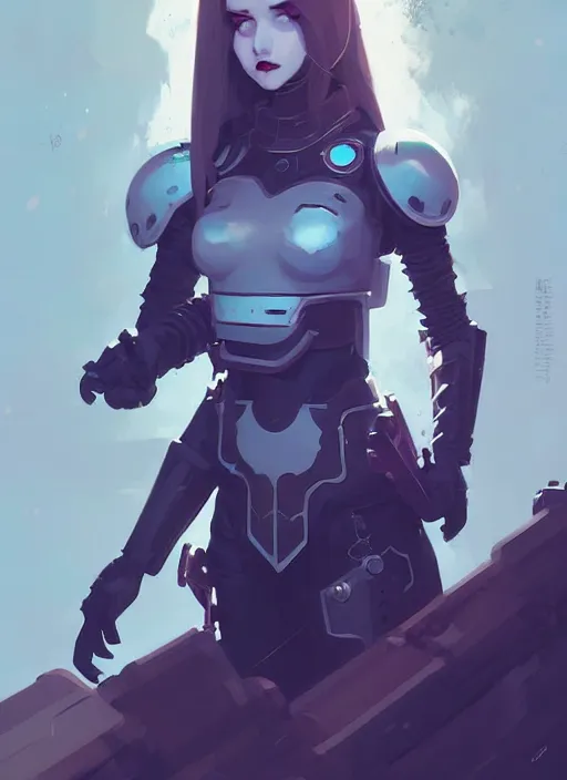 Prompt: portrait of cute goth girl in cyber armor, warhammer, by atey ghailan, by greg rutkowski, by greg tocchini, by james gilleard, by joe fenton, by kaethe butcher, dynamic lighting, gradient light blue, brown, blonde cream and white color scheme, grunge aesthetic