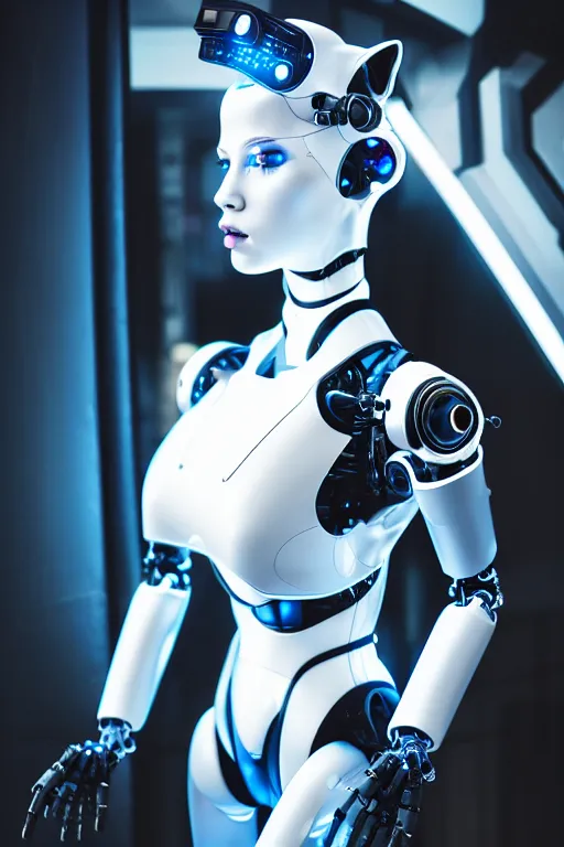 Image similar to cybernetic ultra high tech female robot with cat ears, sci - fi, cyberpunk, high tech, futurism, exoskeleton, symmetry, cinematic, elegant, luxury, perfect light, perfect composition, dlsr photography, sharp focus, 8 k, ultra hd, sense of awe, highly detailed, realistic, intricate, science journal cover