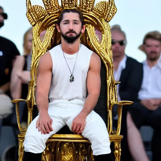 Prompt: HQ photo face picture of Shia Labeouf sitting on a throne wearing a golden crown