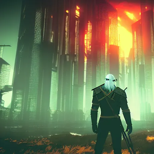 Image similar to the witcher in the style of cyberpunk, screenshot