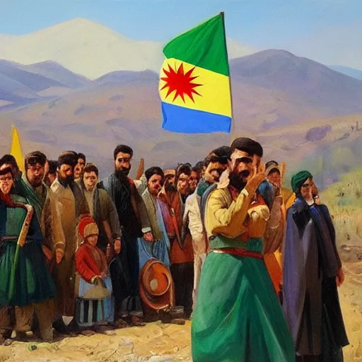 Prompt: a painting of a group of kurdish people establishingthe republic of mahabad! standing in front of a kurdish flag, an oil painting by ilya ostroukhov, featured on deviantart, socialist realism, ilya kuvshinov, movie still, oil on canvas