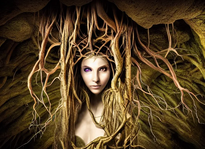Prompt: photo of roots growing down from a ceiling in an underground cavern wrapped around an elven woman. Fantasy magic horror style. Highly detailed 8k. Intricate. Nikon d850 55mm. Award winning photography.