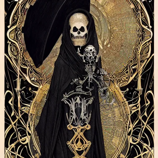 Image similar to a skeleton in a black cloak, highly detailed, very intricate, art nouveau, gold filigree, tarot concept art watercolor illustration by mandy jurgens and alphonse mucha and alena aenami, featured on artstation