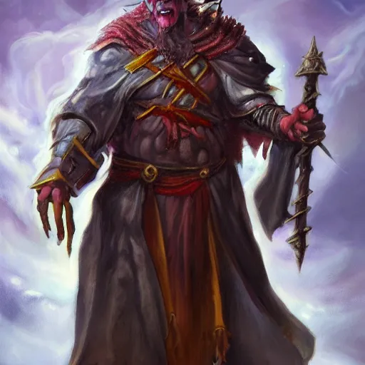 Image similar to mystical orc wizard, oil painting, dramatic, robed warrior, orc with horns, medieval background, ultra realistic, artstation award, fantasy, concept art, portrait pose, full body, in the style of magic the gathering