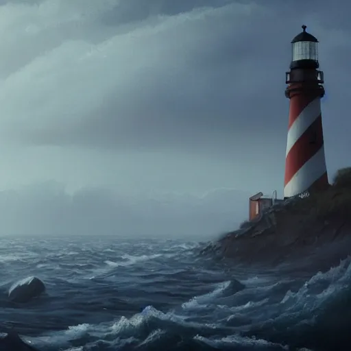 Prompt: a beautifuly ultradetailed painting of a lighthouse in a sea of black water with eldritch terrors crawling up from the water, icy mist, morning shot, Raphael Lacoste, Makoto Shinkai, 4k, trending on artstation, aerial photography.