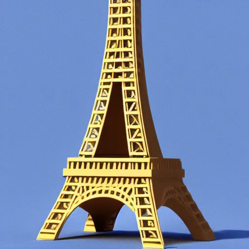 Image similar to 3d render of a small Eiffel Tower model made of Swiss cheese, blue background, soft lighting