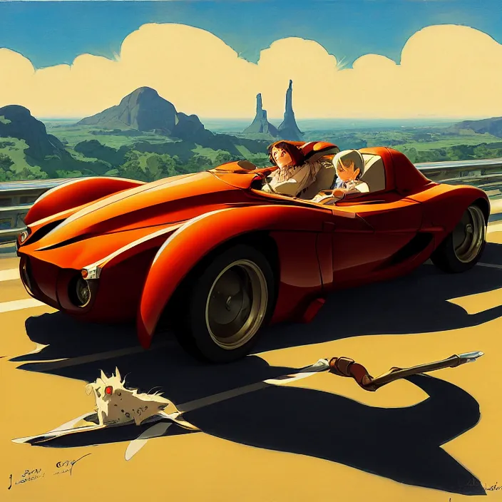 Image similar to fast car on highway, in the style of studio ghibli, j. c. leyendecker, greg rutkowski, artem