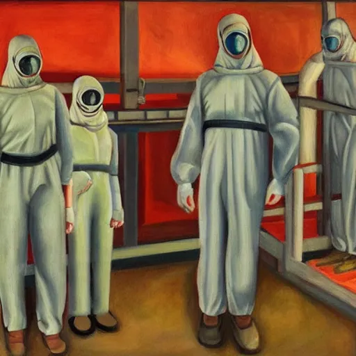 Image similar to pandemic hospital, hazmat suits, dystopian, pj crook, edward hopper, oil on canvas