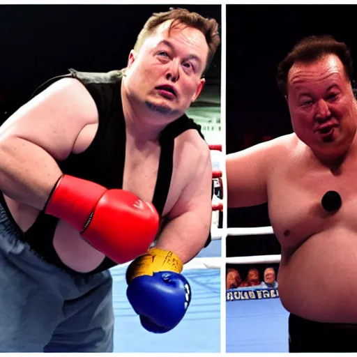 Image similar to obese elon musk fighting obese steven seagal in a boxing match, wet