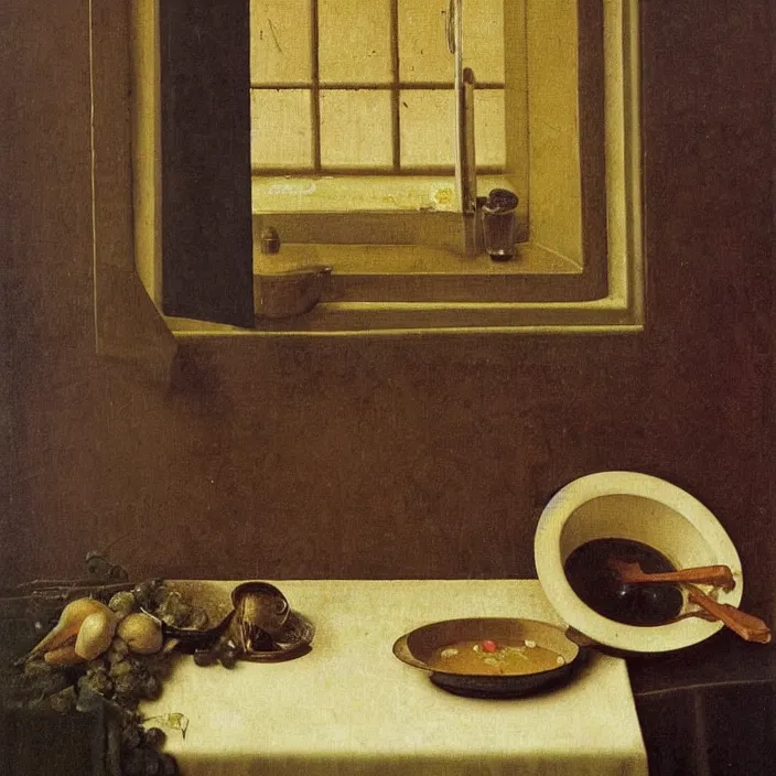 Prompt: melancholy still life with soup in a window frame. painting by frank sedlacek, jan van eyck