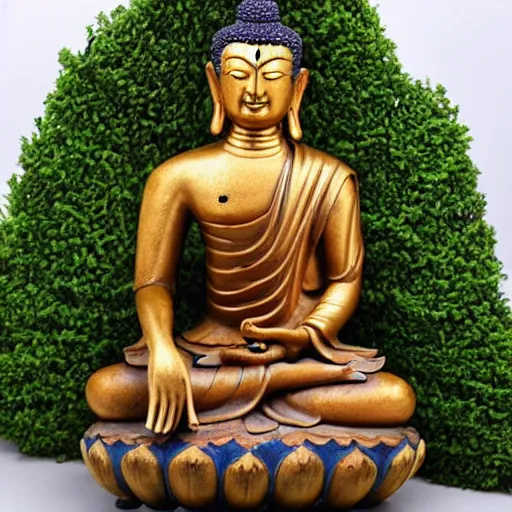 Image similar to tibetan statue of buddha, buddhist statue with glowing green eyes, vines and beautiful flowers cover the sculpture, award-winning, beautiful revealing godrays, HD