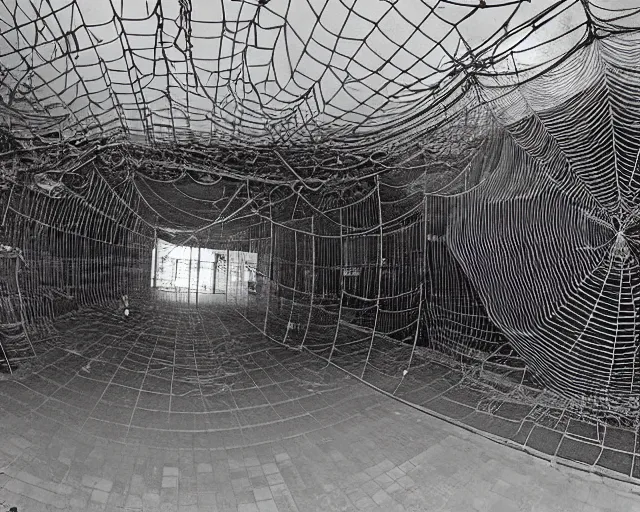 Prompt: camera footage of an abandoned shopping mall overtaken by spiders and webs, high exposure, dark, monochrome, camera, grainy, CCTV, security camera footage, timestamp, zoomed in, fish-eye lense, spiders!!, webs!!