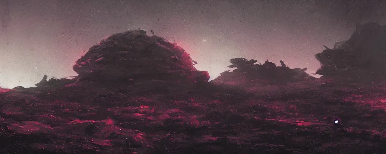 Prompt: ” night at a outer planet made of barren black rock with black sky and black smoke, [ blackness, cinematic, detailed, epic, widescreen, opening, establishing, mattepainting, photorealistic, realistic textures, octane render, art by paul lehr ] ”