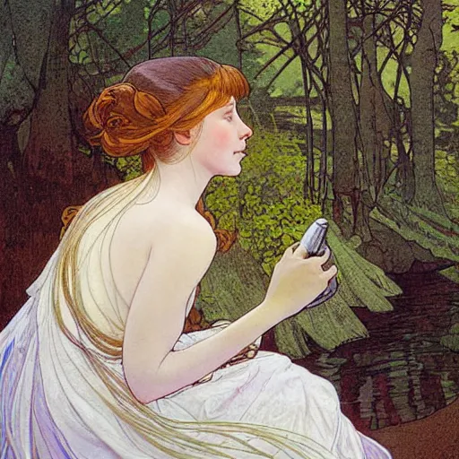 Image similar to a beautiful painting of the back view of a young lady in white dress sitting by the river in a grown forest, applying shampoo to her dark long hair, sunlight reflected on the river, by Mucha and Moebius