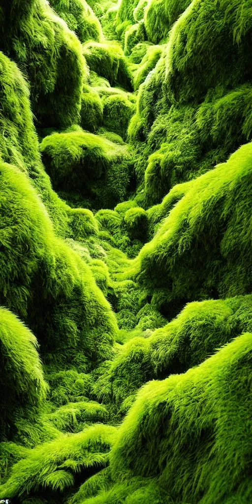 Prompt: a fertile, lush mossy canyon, ferns, minimalist structure, covered in ice, in the style of reuben wu, roger deakins