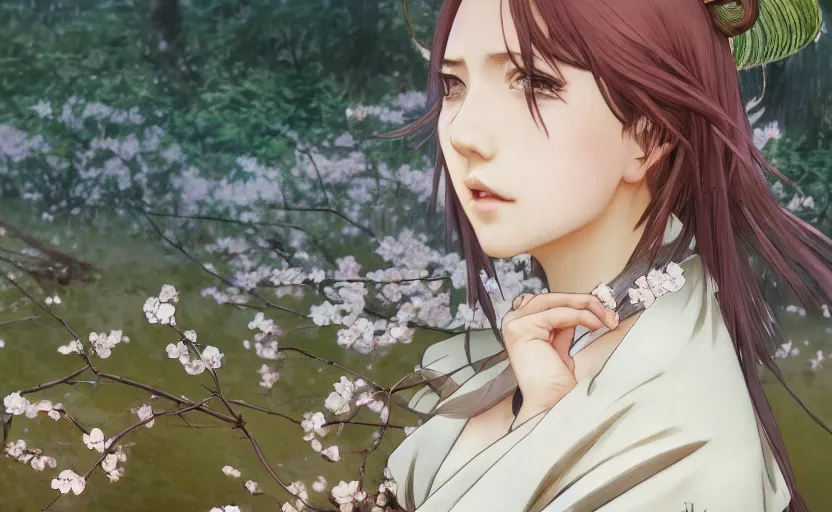 Image similar to side portrait of a girl walking, sakura tree in background, yukata clothing, battlefield in background, anime style, hair down, symmetrical facial features, from arknights, hyper realistic, 4 k, extreme detail, detailed drawing, trending artstation, realistic lighting, by alphonse mucha, greg rutkowski, sharp focus, backlit