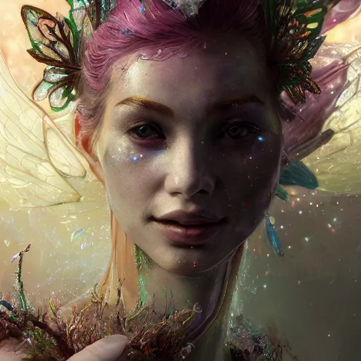 Prompt: face 1 1 1 closeup of magical fairy flowers mffkt and ice velvet, vgbftktkf, diamonds, angels, 3 d render, hyper - realistic detailed portrait, holding fire and electricity rainbow, ruan jia, wlop. scifi, fantasy, magic the gathering, hyper detailed, octane render, concept art, peter mohrbacher c 2 0