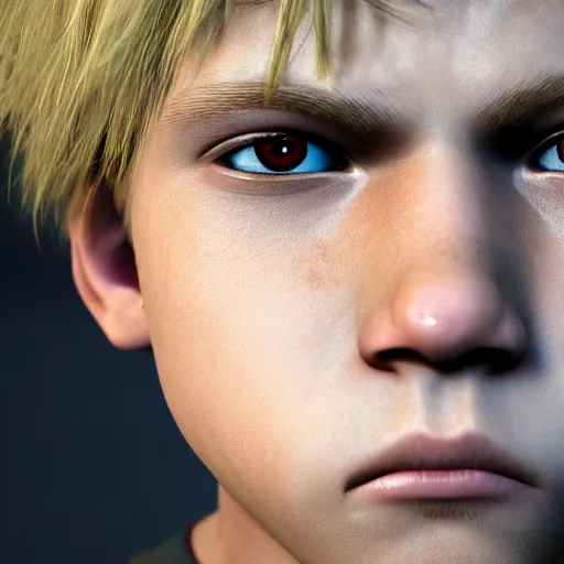 Image similar to detailed face of boy with blonde hair and brown eyes, unreal engine 5 rendered, incredibly highly detailed and realistic, 8 k, sharp focus, studio quality