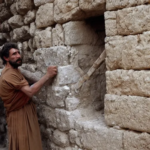 Image similar to award winning cinematic still of 40 year old man in ancient Canaanite clothing building a broken wall in Jerusalem, directed by Steven Spielberg