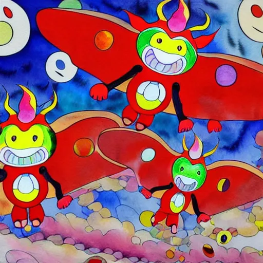 Image similar to Three bright red demons flying up from a desert canyon in the style of Takashi Murakami, highly detailed, watercolor background, Kids See Ghosts