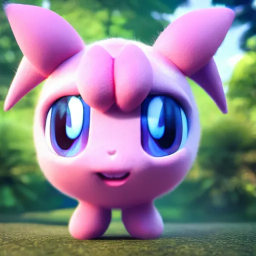 Image similar to nymph render of a very cute 3d jigglypuff pokemon, adorable eyes, cute smile, full round face, bright sunny time, serene forest setting, medium shot, mid-shot, highly detailed, trending on Artstation, Unreal Engine 4k