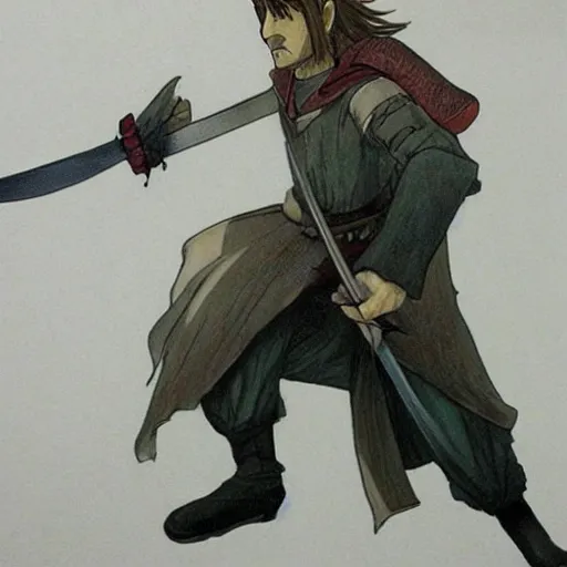 Prompt: boromir in an anime world, holding a sword, incredibly detailed, ultra realistic, drawing by Satoshi Kon