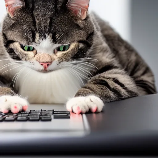 Image similar to a programmer getting angry as a cat jumps on his keyboard, ( eos 5 ds r, iso 1 0 0, f / 8, 1 / 1 2 5, 8 4 mm, postprocessed, crisp face, facial features )